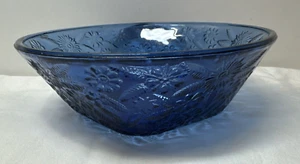 Vintage BLAU Indiana Glas Schale Ananas geätzt Floral Fünfeck Form Sockel - Bild 1 von 8