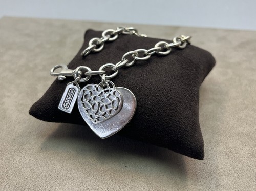 Bracciale Ciondoli Cuore Vintage Coach Argento Sterling 925 7 75" 36 Grammi