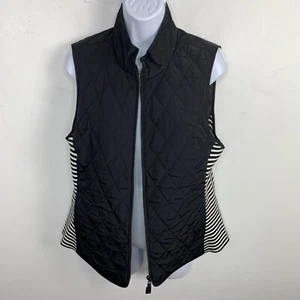 Talbots Womens Vest Sz M Black White Side Stripe Quilted Zip Front Lighweight - Picture 1 of 10
