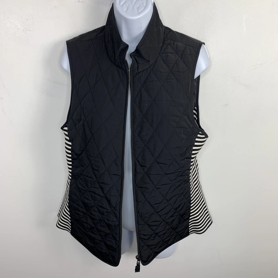 Talbots Womens Vest Sz M Black White Side Stripe Quilted Zip Front Lighweight - Image 1 of 4