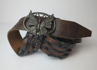 Cinturón de cuero marrón negro trenzado bronce hebilla mariposa vintage 1970 34/38 Foto 1 de 4