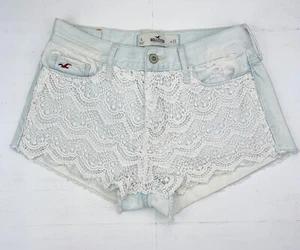 Hollister Shorts Womens 5/27 Light Wash Denim White Lace Front Booty Shorts Y2K - Picture 1 of 12