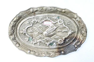 Vintage Old White Metal Swan , Floral Design Embossed Oval Shaped Plate NH3957 - Picture 1 of 6