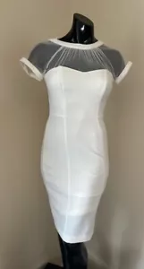 MAGGIE LONDON Ivory Sheer Mesh Illusion Yoke Crepe Cocktail Dress Knee-Length 6P - Picture 1 of 6
