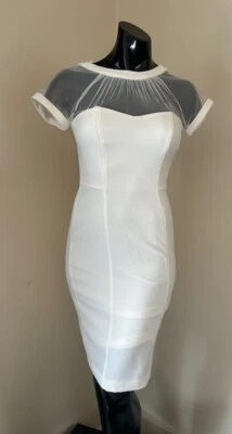 Vestido de cóctel MAGGIE LONDON marfil malla transparente ilusión yugo crepé hasta la rodilla 6P Foto 1 de 4