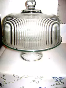 Vintage Glaskuppel Kuchenplatte Ständer Platte klar gerippt bedeckt Standfuß 2 Stück - Bild 1 von 16