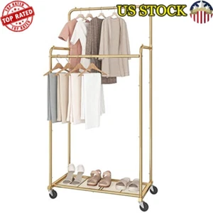 Double Rod Clothes Garment Rack Heavy Duty Clothing Rolling Rack w/ 4 Hooks NEW - Picture 1 of 7