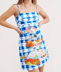 Rachel Antonoff Gwen Seafood Tower Print Mini Dress Blue Check Gingham Floral 4 - Picture 1 of 15