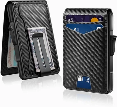 Men's Slim PopUp Bifold Carbon Fiber Wallet, RFID Blocking, Money Clip, Men Gift - Image 1 of 4