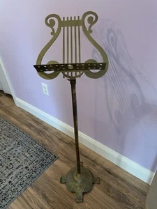 Supporto musicale vintage ottone a forma di lira regolabile 36”-49” base piedi metà secolo - Foto 1 di 11