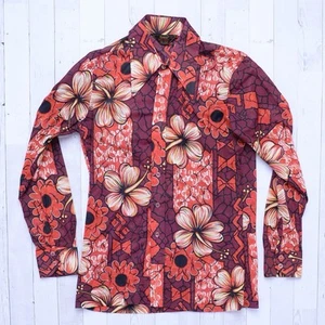 Vintage Campus Shirt Disco Nylon Dagger Collar 70s Mens Large Floral - Picture 1 of 11