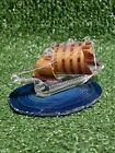 Miniature Blown Glass Art Ship On Blue Polished Agate Base- Made In Britain 6cm