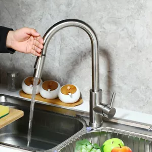Arc Touch-on Sensor Kitchen Sink Faucet Brushed Nickel Pull Out Swivel Mixer Tap - Picture 1 of 9