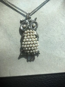 Owl Pendant Necklace Chain Pearls Silver Clean No Damage - Picture 1 of 4
