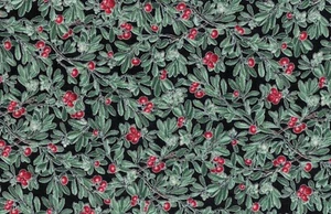 CLEARANCE - 2+YD 'EVERGREEN' BERRIES & HOLLY ON BLACK CHRISTMAS FABRIC--HOFFMAN - Picture 1 of 1
