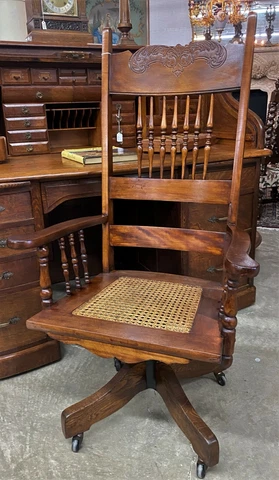 Antique American Golden Oak Cane Roll Top Office Desk Chair Swivels C1900 Cover