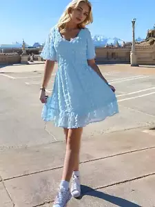 Womens Smocked Short Sleeve V Neck Mini Dress Summer Swiss Dot Flowy Short Dress - Picture 1 of 15