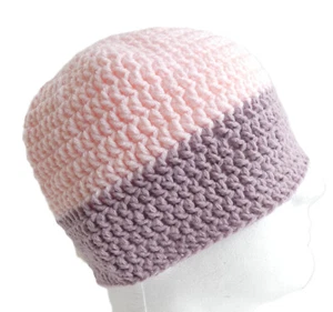 Pink & Lavender Cap British Wool Hat Colorful Beanie Handmade Crochet Knit NWT - Picture 1 of 10