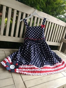 Bonnie Jean Girls Patriotic 4th July Blue Red Bow American Flag Dress 4T - Picture 1 of 8