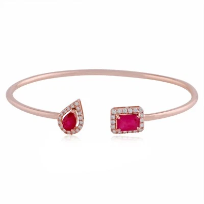 2.33 Ct Ruby Gemstone H/SI Diamond Cuff Bangle 14k Rose Solid Gold Bracelet Gift - Image 1 of 4