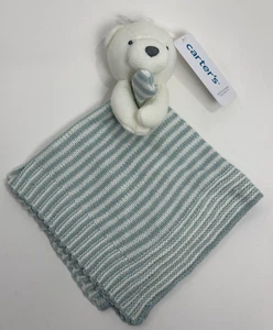 Neu mit Etikett Carters blau grau grün weiß gestreift Strickbär Plüschtier Baby Sicherheitsdecke - Bild 1 von 8