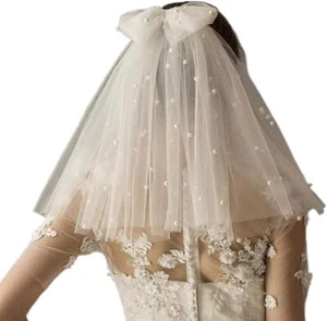 Pearl Bride Wedding Veil White 13.8" Shoulder Length 4 Layer Short Bridal Tul... - Picture 1 of 3