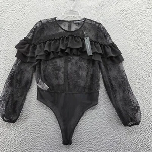 Neu mit Etikett BCBG Maxazria Damen Spitzenbody Anzug Large schwarz Beauty Rüschen Langarm - Bild 1 von 12