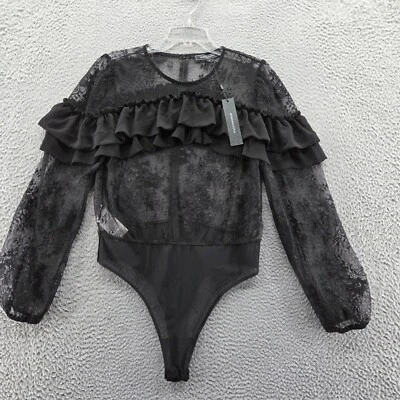 NUEVO CON ETIQUETAS BCBG Maxazria Mujer Encaje Body Traje Grande Negro Belleza Volantes Manga Larga Foto 1 de 4