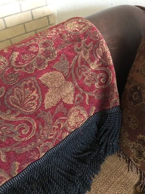 LUXURY Red Floral Throw Blanket Chenille Bullion Fringes Reversible 54X50" - Image 1 of 4