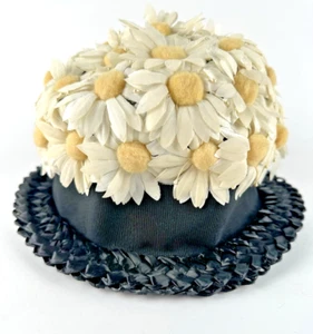 60er Jahre Damen Vintage Sommer Fischerhut Blumen weiß gelb schwarz Schleife floral - Bild 1 von 11