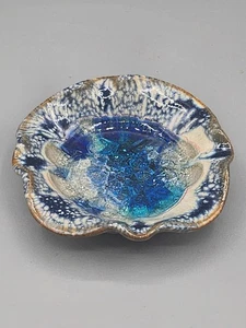 Pottery art glazed crackled glass blue dish ashtray trinket - Picture 1 of 5