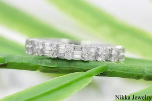 0.35 CT Natural Diamond Half Eternity Band 14K White Gold Round & Baguette Cut - Picture 1 of 7
