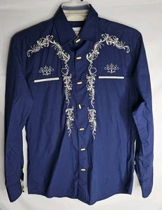 ACE OF DIAMONDS USA Herren Blau Western Hemd Bestickt Rockabilly Cowboy Hut M - Bild 1 von 6