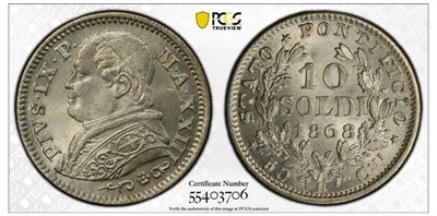 Italian States, Rome (Papal State), Pio IX, 10 Soldo, 1868 PCGS MS64 SILVER COIN - Image 1 of 4