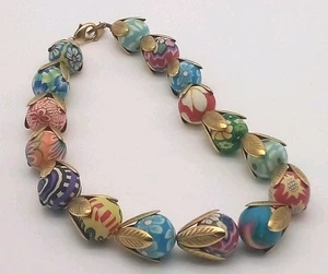 Collana Lenora Dama Perline 16" Fiore Grosso Bocciolo Ottone Foglia Dichiarazione Firmata - Foto 1 di 9