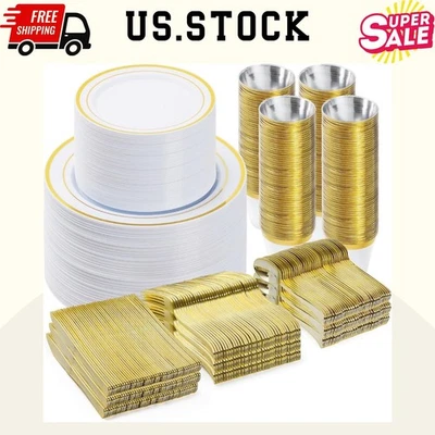 600PCS Gold Disposable Dinnerware Set for 100 Guests, Plates, Cups - Image 1 of 4