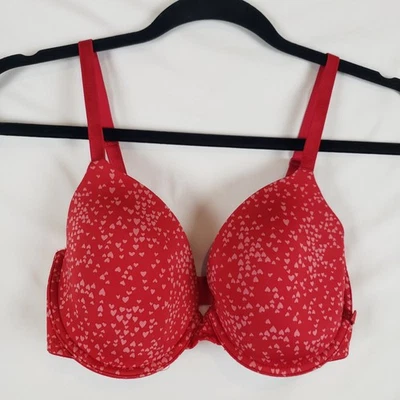 Victoria Secret 有内衬 Demi 胸罩 32DD 轻薄衬里钢圈红色粉红色心形 — 第 1/4 张图片