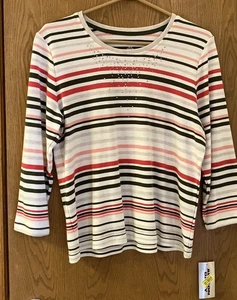 Allison Daly Striped Pullover Top Size Petite M 3/4 Sleeve w/Embellishments NWT - Picture 1 of 6