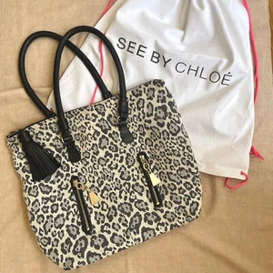 See By Chloe Leopard purse shoulder bag in beige/black canvas & black leather - Picture 1 of 20