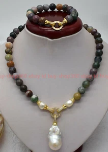 Natural 10mm Indian Agate White Baroque Pearl Pendant Necklace Bracelet 18/7.5in - Picture 1 of 12