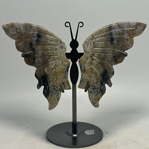 140g Natürliches Wassergras Achat Schmetterling Flügel Quarz Schädel geschnitzt Kristall + Ständer