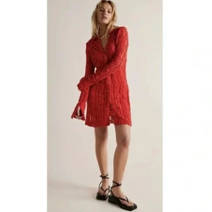 New Free People Shayla Lace Mini Dress Long Sleeve Button Red Rouge Sz Medium - Picture 1 of 13