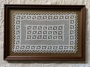 Framed Vintage Doily Wall Hanging 16" x 11" Farmhouse Cottage Core Decor - Picture 1 of 5