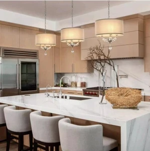 Pendant Lights 3-Light Modern Cottage Drum Organza Fabric Metal Beige - Picture 1 of 11