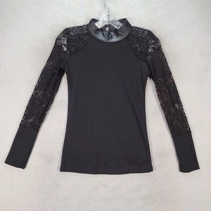 Black Faux Leather High Neck Sheer Lace Sleeves Goth Blouse Womens Top Size S - Picture 1 of 14