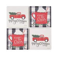 Set of 4 Holiday Time Merry Red Pickup Truck & Plaid Cheer Square Coasters -1277