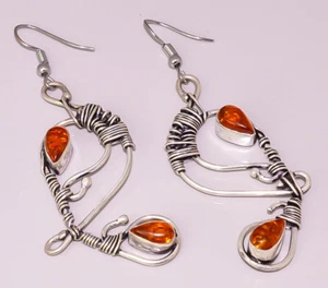 Baltic Amber Wire Wrapping Jewelry 925 STERLING SILVER PLATED EARRING - Picture 1 of 1
