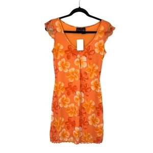 VTG Y2K Mini Dress Juniors Sz S Orange Red Tropical Floral Print Coconut Girl - Picture 1 of 4