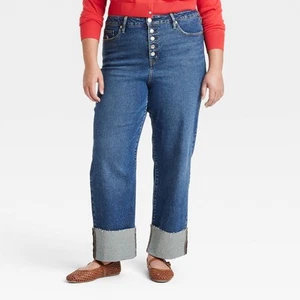 Women's High-Rise Cuffed Straight Jeans - Ava & Viv Dark Wash 24 - Picture 1 of 3