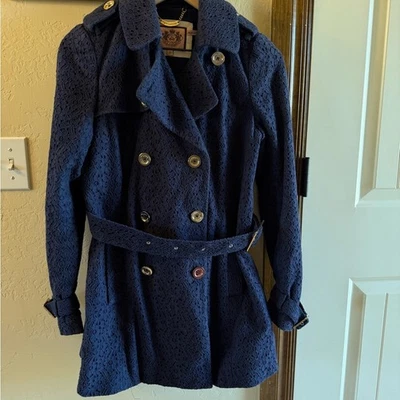 Juicy Couture Pea Coat Women’s Small Navy Blue Lace Patterned Gold Tone Hardware - Image 1 of 4